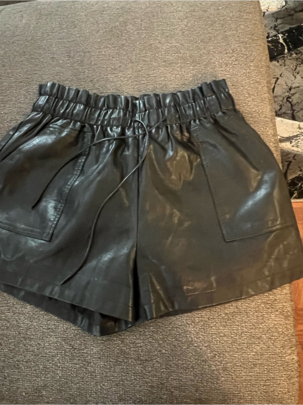 Black High-Waist Faux Leather Drawstring Shorts